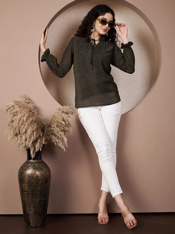 Fbella_Women's_Olive_Green_Animal_Print_Chiffon_Top_with_Lycra_Lining