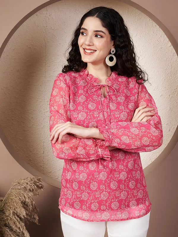 Fbella_Women's_Pink_Floral_Print_Chiffon_Tie-Neck_Top