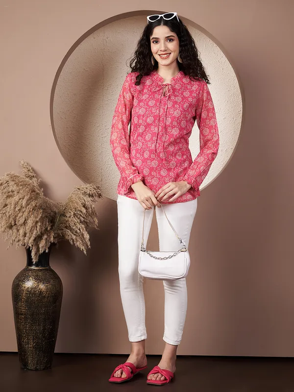 Fbella_Women's_Pink_Floral_Print_Chiffon_Tie-Neck_Top