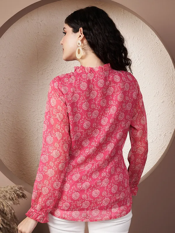 Fbella_Women's_Pink_Floral_Print_Chiffon_Tie-Neck_Top