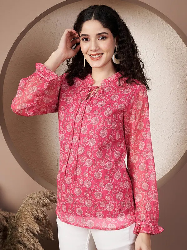 Fbella_Women's_Pink_Floral_Print_Chiffon_Tie-Neck_Top