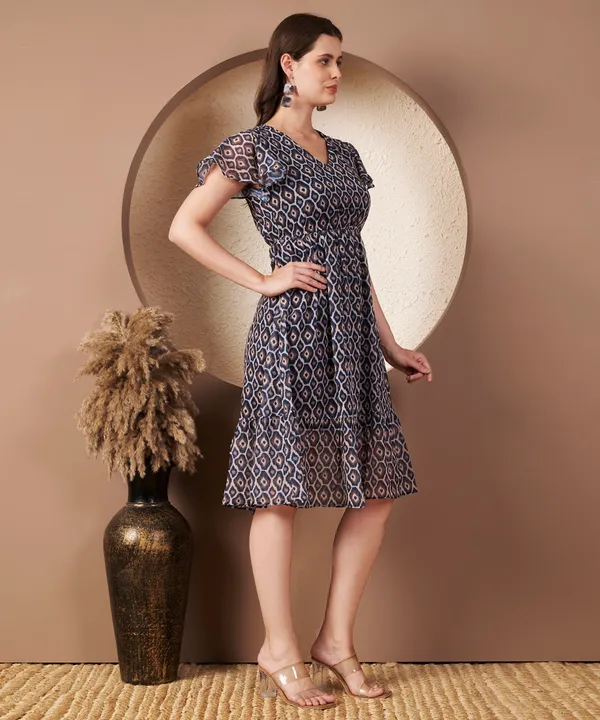 Fbella_Women’s_Printed_Georgette_Midi_Dress_with_V-Neck_and_Flutter_Sleeves
