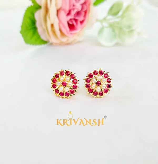 Hand-Finished_Panchaloha_Pink_stone_with_Pearls_Stud