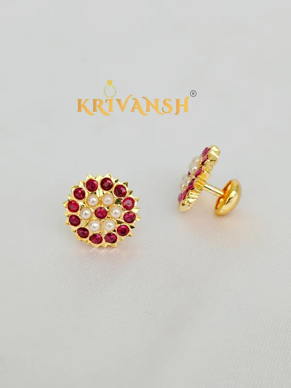 Hand-Finished_Panchaloha_Pink_stone_with_Pearls_Stud