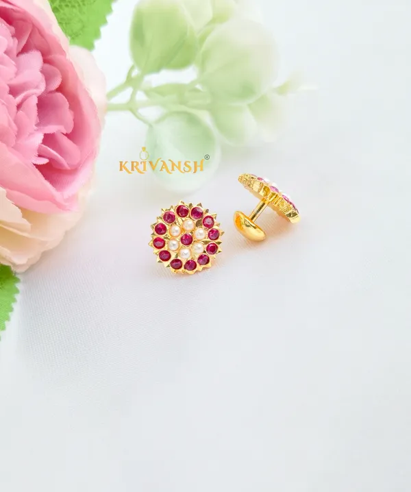 Hand-Finished_Panchaloha_Pink_stone_with_Pearls_Stud