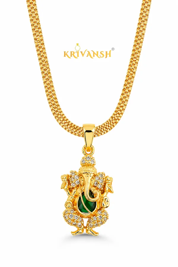 KRIVANSH_Divine_Ganesha_Green_Stone_Gold-Plated_Pendant_with_Premium_Highway_Chain