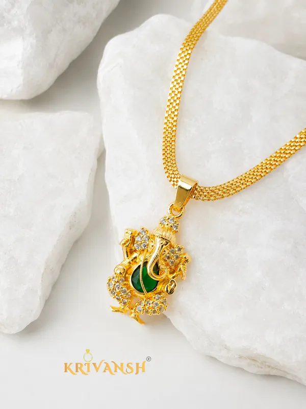 KRIVANSH_Divine_Ganesha_Green_Stone_Gold-Plated_Pendant_with_Premium_Highway_Chain