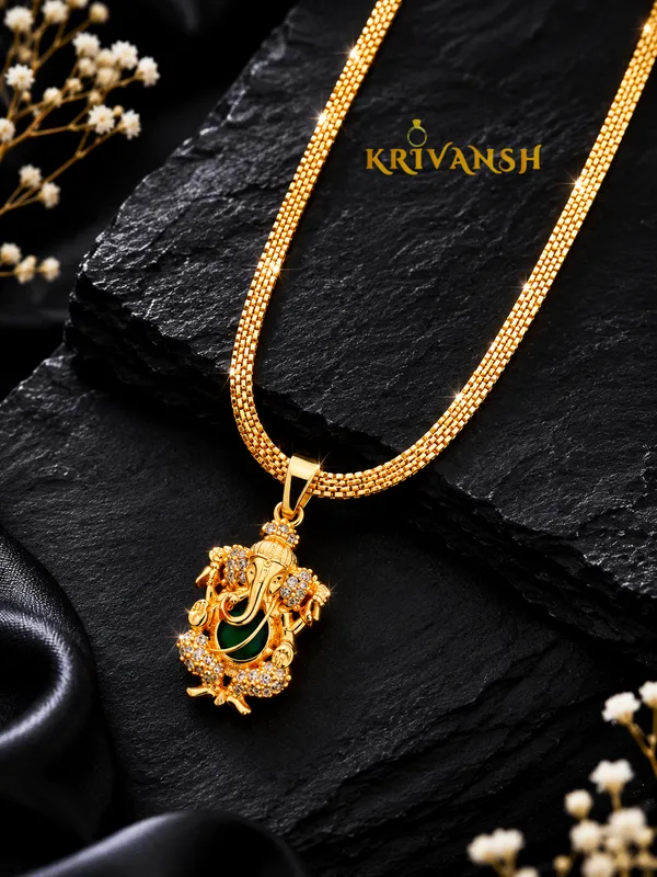 KRIVANSH_Divine_Ganesha_Green_Stone_Gold-Plated_Pendant_with_Premium_Highway_Chain