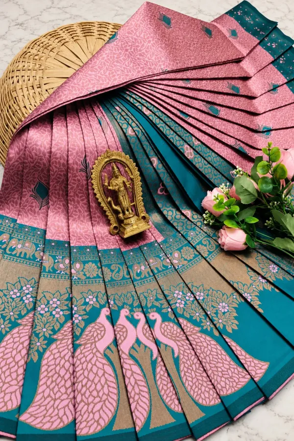 Baby_Pink_&_Teal_Peacock_Zari_Soft_Silk_Saree