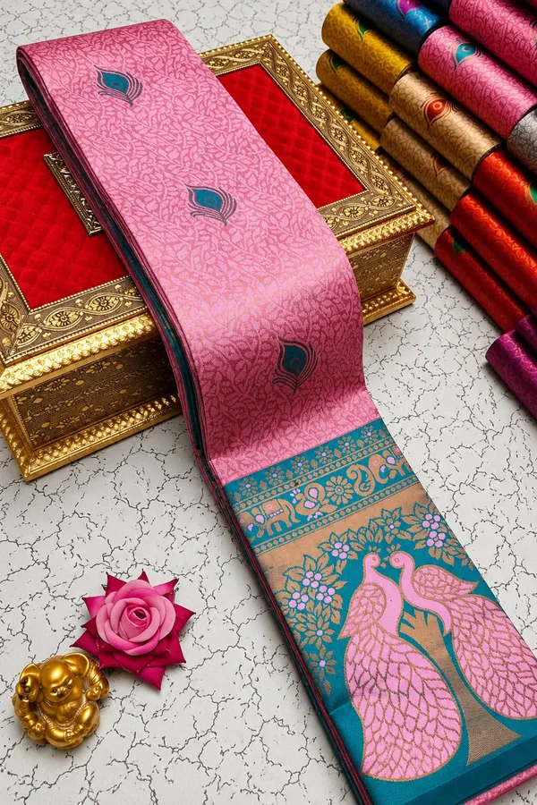 Baby_Pink_&_Teal_Peacock_Zari_Soft_Silk_Saree