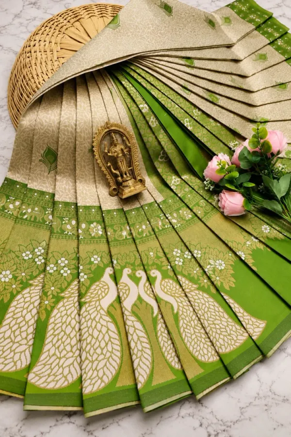 Cream_&_Pista_Green_Peacock_Zari_Soft_Silk_Saree