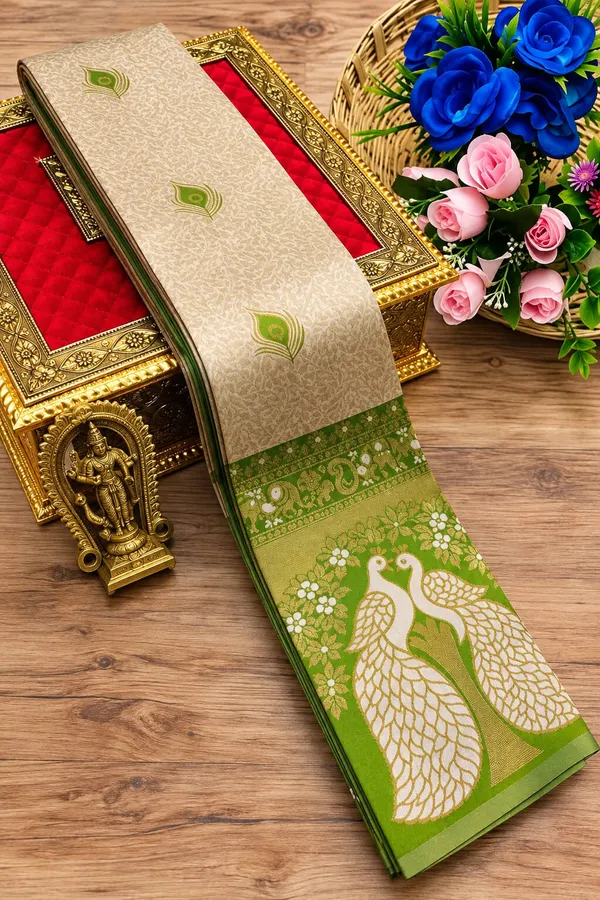Cream_&_Pista_Green_Peacock_Zari_Soft_Silk_Saree