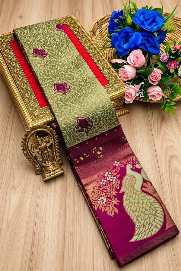 Mehendi_Green_&_Magenta_Peacock_Zari_Soft_Silk_Saree