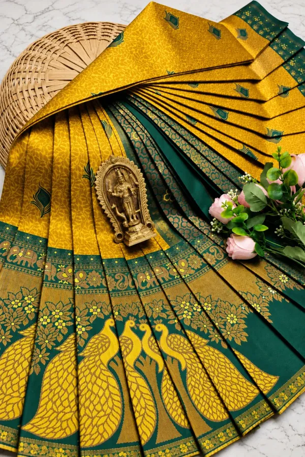 Mustard_Yellow_&_Bottle_Green_Peacock_Zari_Soft_Silk_Saree