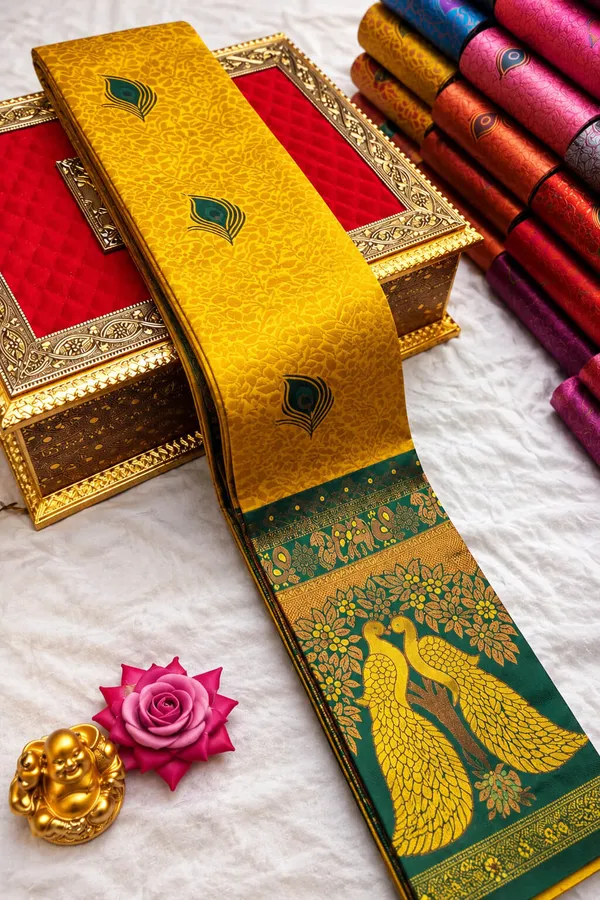 Mustard_Yellow_&_Bottle_Green_Peacock_Zari_Soft_Silk_Saree