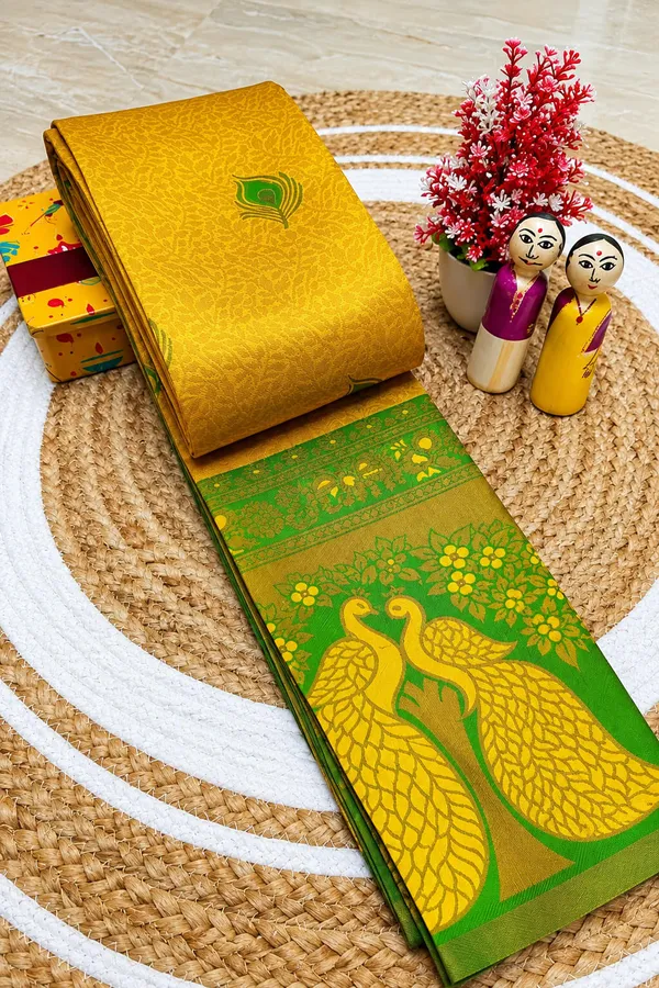Mustard_Yellow_&_Parrot_Green_Peacock_Zari_Soft_Silk_Saree