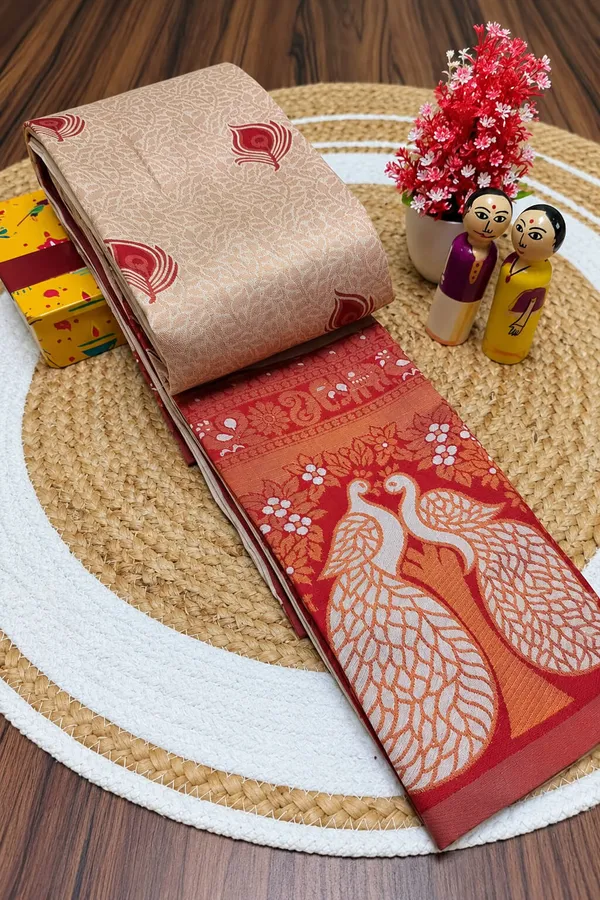 Peach_&_Red_Peacock_Zari_Soft_Silk_Saree