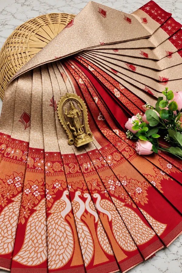 Peach_&_Red_Peacock_Zari_Soft_Silk_Saree