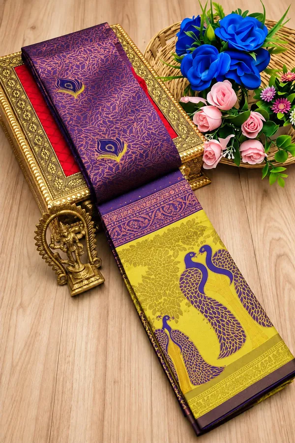 Purple_&_Lime_Green_Peacock_Zari_Soft_Silk_Saree