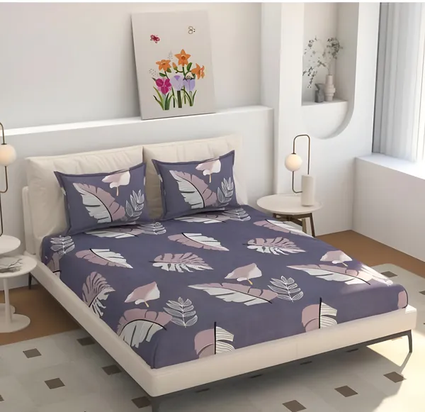 PURPLE_FEATHER_220_TC_-_Cotton_Elastic_Fitted_King/Queen_Size_Bedsheets_With_2_Pillow_Covers