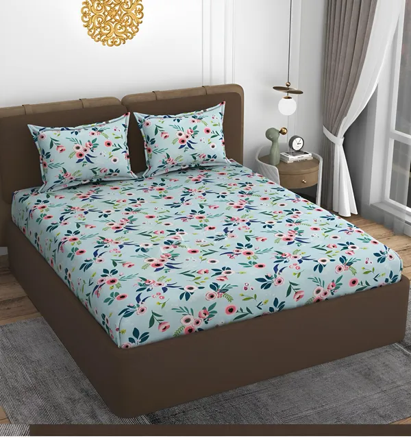 VOMZER_220_TC_Cotton_All_Round_Elastic_Fitted_Bedsheet_with_2_Pillow_Covers_(72"_X_78"_X_up_to_10")_&_360_Degree_Elasticated