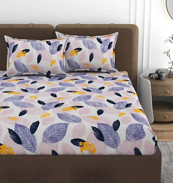 PINK_LEAF_220_TC_Fitted_Elastic_Bedsheet_with_Two_Pillow_Covers_(72X78X_Up_to_10_Inches)_&_360_Degree_Elasticated