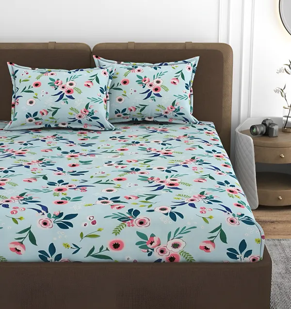 VOMZER_220_TC_Cotton_All_Round_Elastic_Fitted_Bedsheet_with_2_Pillow_Covers_(72"_X_78"_X_up_to_10")_&_360_Degree_Elasticated