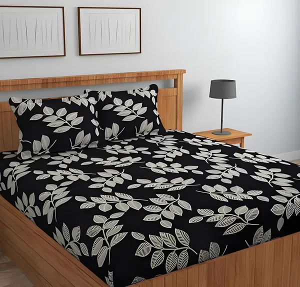 BLACKISH_LEAVES_220_TC_Cotton_All_Round_Elastic_Fitted_Bedsheet_with_2_Pillow_Covers_(72"_X_78"_X_up_to_10")_&_360_Degree_Elasticated