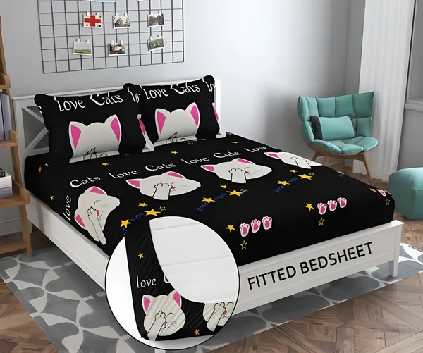CAT_BILLI_220_TC_Cotton_All_Round_Elastic_Fitted_Bedsheet_with_2_Pillow_Covers_(72"_X_78"_X_up_to_10")_&_360_Degree_Elasticated
