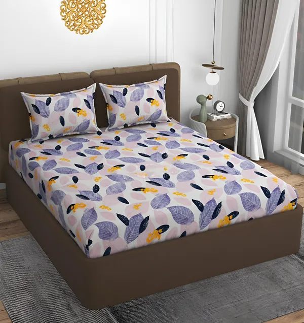 PINK_LEAF_220_TC_Fitted_Elastic_Bedsheet_with_Two_Pillow_Covers_(72X78X_Up_to_10_Inches)_&_360_Degree_Elasticated