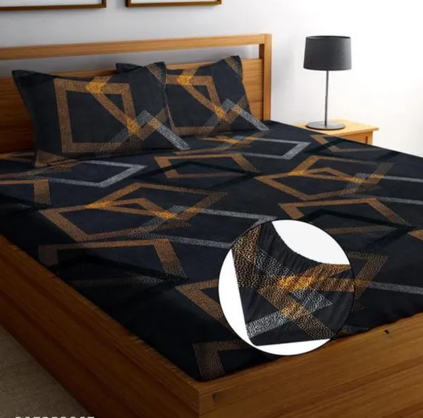 BLACK_SQUARES_220_TC_-_Cotton_Elastic_Fitted_King/Queen_Size_Bedsheets_With_2_Pillow_Covers