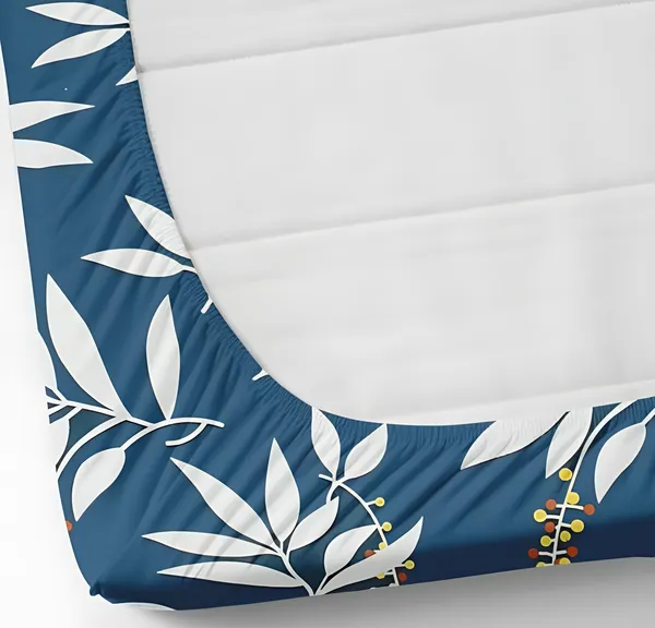 LEAVES_BLUE_PATTERN_220_TC_-_Cotton_Elastic_Fitted_King/Queen_Size_Bedsheets_With_2_Pillow_Covers