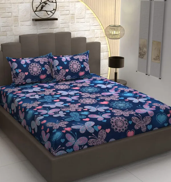 BLUE_BUTTERFLY_220_TC_Fitted_Elastic_Bedsheet_with_Two_Pillow_Covers_(72X78X_Upto_10_Inches)_&_360_Degree_Elasticated