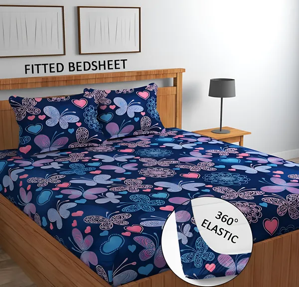 BLUE_BUTTERFLY_220_TC_-_Cotton_Elastic_Fitted_King/Queen_Size_Bedsheets_With_2_Pillow_Covers