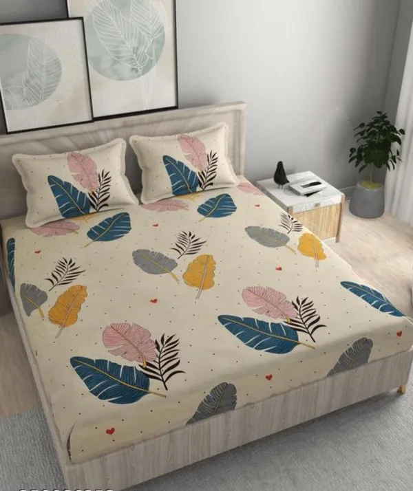 CREAM_FEATHER_220_TC_-_Cotton_Elastic_Fitted_King/Queen_Size_Bedsheets_With_2_Pillow_Covers