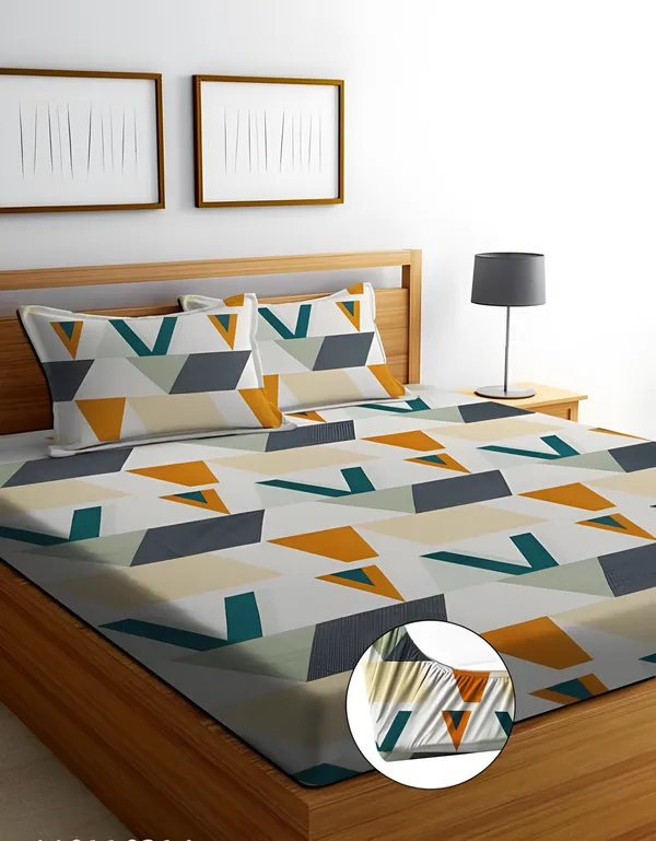 ATTRACTIVE_220_TC_-_Cotton_Elastic_Fitted_King/Queen_Size_Bedsheets_With_2_Pillow_Covers
