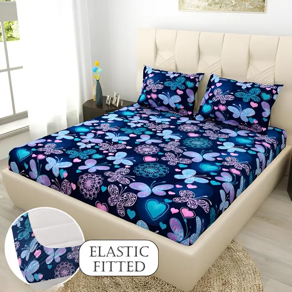 BLUE_BUTTERFLY_220_TC_-_Cotton_Elastic_Fitted_King/Queen_Size_Bedsheets_With_2_Pillow_Covers