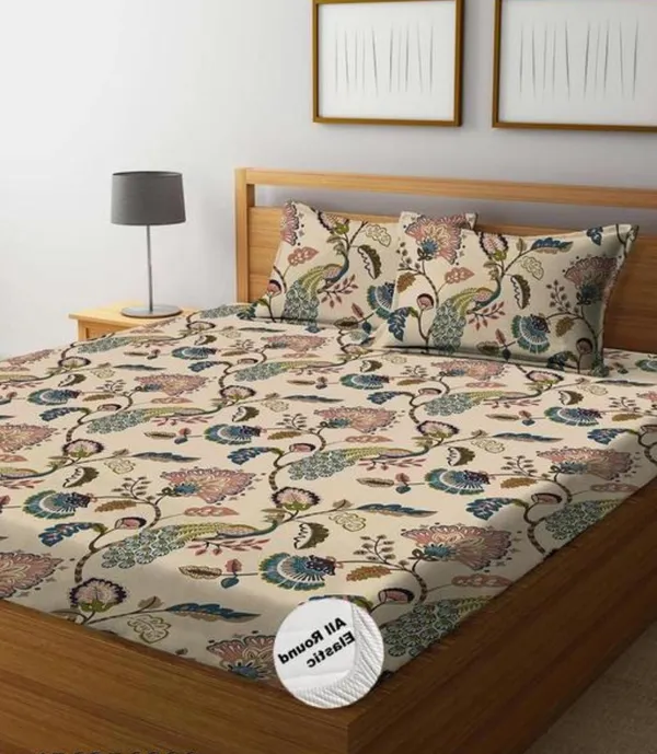 PEACOCK_220_TC_Cotton_All_Round_Elastic_Fitted_Bedsheet_with_2_Pillow_Covers_(72"_X_78"_X_up_to_10")_&_360_Degree_Elasticated