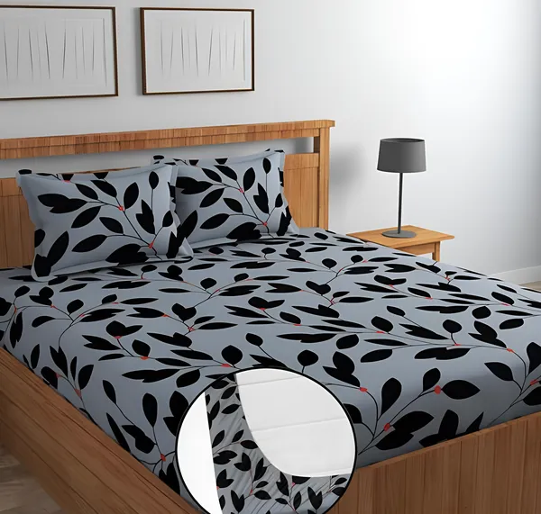 GREY_LEAVES_Premium_Fitted_Elastic_Bedsheet_with_Two_Pillow_Covers_(72X78X_Up_to_10_Inches)_&_360_Degree_Elasticated_|_BS