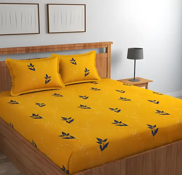 YELLOW_PRINTS_220_TC_-_Cotton_Elastic_Fitted_King/Queen_Size_Bedsheets_With_2_Pillow_Covers