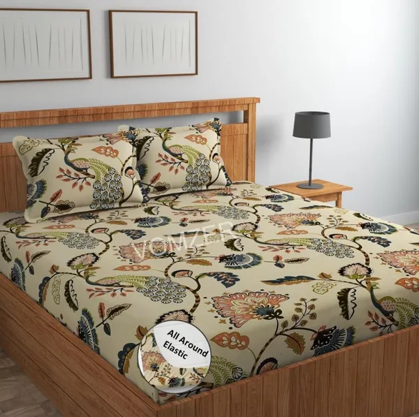 PEACOCK_220_TC_-_Cotton_Elastic_Fitted_King/Queen_Size_Bedsheets_With_2_Pillow_Covers