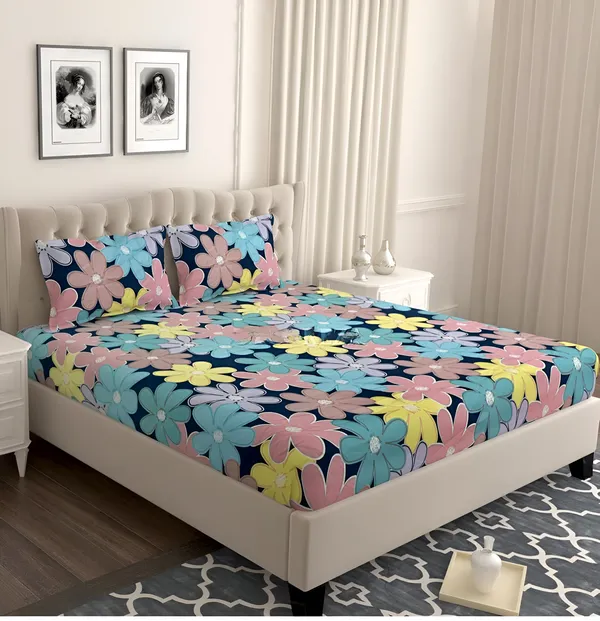 PINK_SUNFLOWER_220_TC_-_Cotton_Elastic_Fitted_King/Queen_Size_Bedsheets_With_2_Pillow_Covers