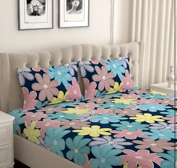 PINK_SUNFLOWER_220_TC_-_Cotton_Elastic_Fitted_King/Queen_Size_Bedsheets_With_2_Pillow_Covers