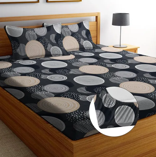 GREY_ROUND_220_TC_-_GREY_Cotton_Elastic_Fitted_King/Queen_Size_Bedsheets_With_2_Pillow_Covers