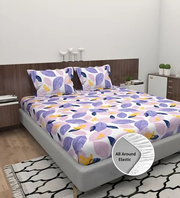 PINK_LEAF_220_TC_-_Cotton_Elastic_Fitted_King/Queen_Size_Bedsheets_With_2_Pillow_Covers