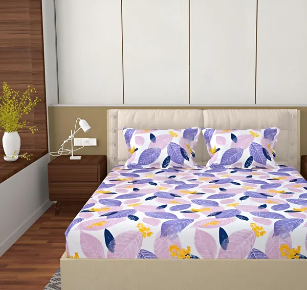 PINK_LEAF_220_TC_-_Cotton_Elastic_Fitted_King/Queen_Size_Bedsheets_With_2_Pillow_Covers