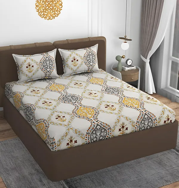 WHITE_JEWELS_220_TC_-_Cotton_Elastic_Fitted_King/Queen_Size_Bedsheets_With_2_Pillow_Covers
