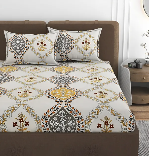 WHITE_JEWELS_220_TC_-_Cotton_Elastic_Fitted_King/Queen_Size_Bedsheets_With_2_Pillow_Covers