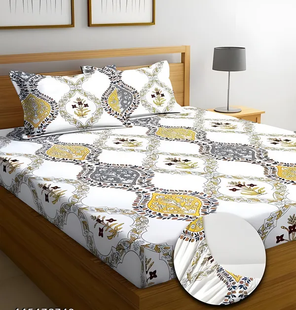 WHITE_JEWELS_220_TC_-_Cotton_Elastic_Fitted_King/Queen_Size_Bedsheets_With_2_Pillow_Covers