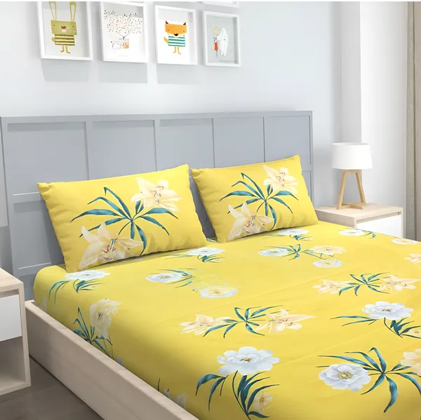 YELLOW_FLOWER_220_TC_-_Cotton_Elastic_Fitted_King/Queen_Size_Bedsheets_With_2_Pillow_Covers
